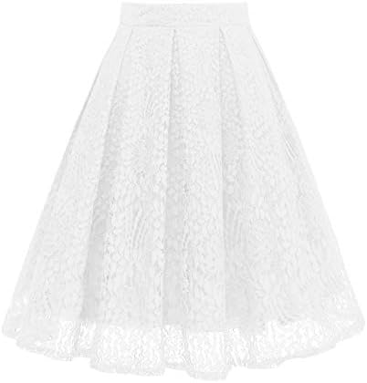 Girstunm Women High Waist Pleated A-Line Knee Length Lace Pockets Skirt