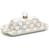 MACKENZIE-CHILDS Enamel Butter Box with Lid, Gray-and-White Sterling Check | Hand-painted design, made from enameled steel, decorative lidded butter dish, 5" W x 9" L x 4" H