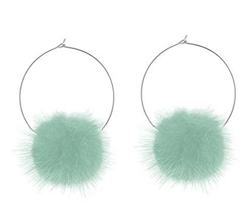Fur Pom Pom Fluffy Hoop Earrings Cute Kawaii Festival Acessories Baby Pink White Black Green Silver (Mint green)