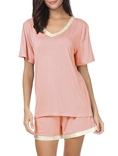 Invug Women Short Sleeve T Shirt and Shorts Pajamas Sleepwear Set Loungewear Pink L - Thumbnail 4