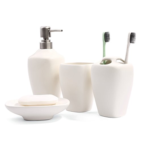 Ceramic Bathroom Accessory Set-Minigift 4 piece White Matt Glaze Ceramic Soap Dish, Soap Dispenser, Toothbrush Holder & Tumbler Bathroom Set