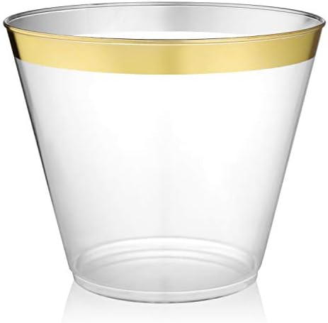 Gold Rimmed Clear Plastic Cups - 9 ounce - 64 Count - Hard Plastic - Disposable or Reusable - Old Fashioned Plastic Tumblers - Wine Cups - Cocktail Glasses - Drinking Cups - Gold Trim Wedding Tumblers
