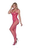 Abberrki Women Lace Lingerie Fishnet Bodystocking Crotchless Tights Bodysuit (Rose Red)