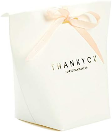 vLoveLife 12pcs Kraft Party Gift Bags with Ribbon, Thank You for Your Kindness Kraft Paper Favor Candy Bags for Party Favours Boxes Supply, 6.5'' x 5.3'' x 3.1'' - White