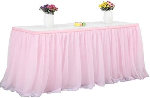 HBBMAGIC Tulle Table Skirt 3 Layer Mesh Fluffy Tutu Table Skirt for Rectangle or Round Table Tulle Table Skirting for Party Wedding Baby Shower Birthday Party&Home Decoration (L 9(ft)*H 30in, Pink)