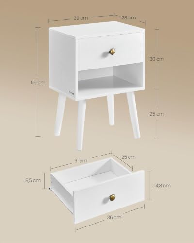 Mesita de Noche, Mesa Auxiliar con Cajón y Compartimento de Almacenamiento Abierto, Patas de Madera, Mesa de Centro para Sala de Estar, Dormitorio, Sofá, Blanco Nieve LET655W01