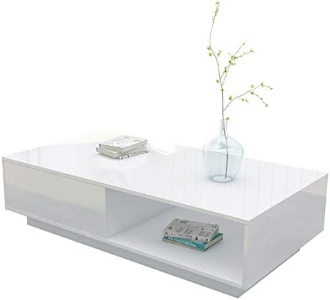 LUXSUITE Coffee Table, high Gloss Modern Side Table with 4 Storage Inside and 2 Drawers, for Living Room - White