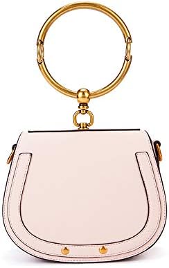 JIE Women's Top-handle Bags Genuine Leather Round Ring Bracelet Handbag Retro Shoulder Crossbody Saddle Bag,Pink-19 * 8 * 16cm