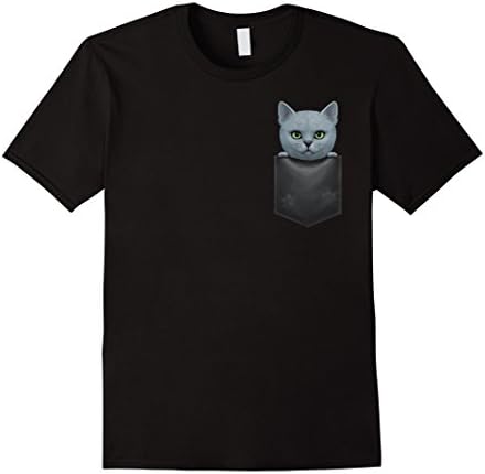 Mens Russian Blue Cat in Chest Pocket T-Shirt Large Black