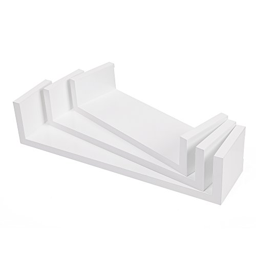 SONGMICS LWS40WT Set of 3 Modern Wall Shelves, MDF Floating Shelves with High Gloss Finish and Invisible Mount, White