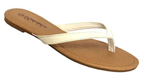 Elegant White Synthetic Leather Strap &amp; White Soft Sole Casual Slip On Slide Flip Flop Flat Sandal Women's Shoe , Size 9