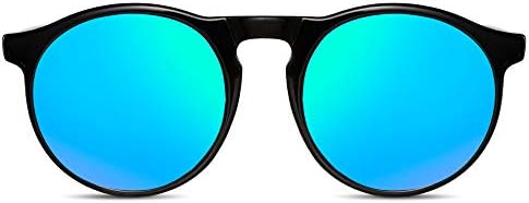Sunglasses Unisex Round Designer Inspired Black Frame with Green Mirrored Lenses