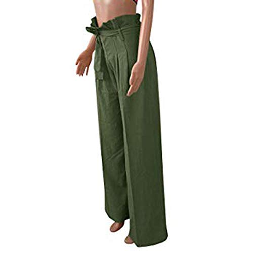 Pervobs Womens Comfy Chic Palazzo Lounge Pant Casual Paper Bag Pants Elastic Waist Pockets Wide Leg Pant Trouser(L, Z01-Green)