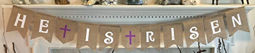 HE is Risen Burlap Banner - Easter Bunting Decoration with Crosses - Religious Holiday Bunting Wall Hanging - Ready to Hang Church Prop Decorations - by Jolly Jon ®
