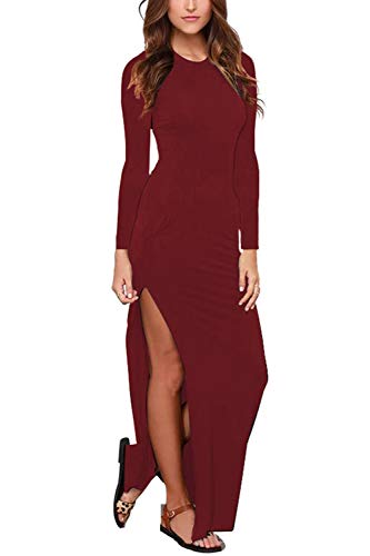 Meenew Womens Long Sleeve Party Evening Bodycon High Slit Long Maxi Dress Ruby L