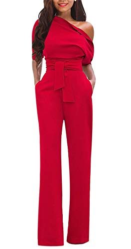 VLUNT Womens Elegant Solid Off Shoulder High Waisted Jumpsuit Romper with Belt for Party Club