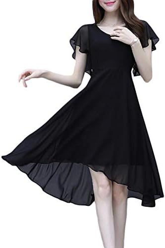 Bestmood レディース シフォン ワンピース 半袖 セール 特集 ゆったり フレアワンピース Vネック ファッション 大きいサイズ 膝丈 不規則 フォーマル 夏 黒ワンピース エレガント Aライン ふんわり