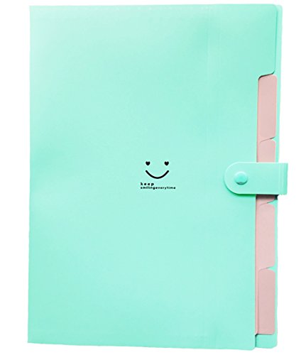 iToolai Smile Pattern Plastic 5 Pockets Accordion Expanding File Folder A4 Letter Size Documents Papers Organizer with Snap Closure (Mint Green)