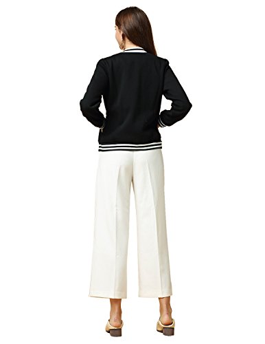 ASMAX HaoDuoYi Womens Varsity Ribbed Color Block Long Sleeve Baseball Bomber Jacket Black