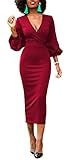 Corala Women Deep V Puff Long Sleeve Bodycon Party Midi Dress