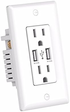 USB Wall Outlet Charging Ports - High Speed Dual USB Charger and Duplex Receptacle - 5V/2.4A - (White USB Charger)