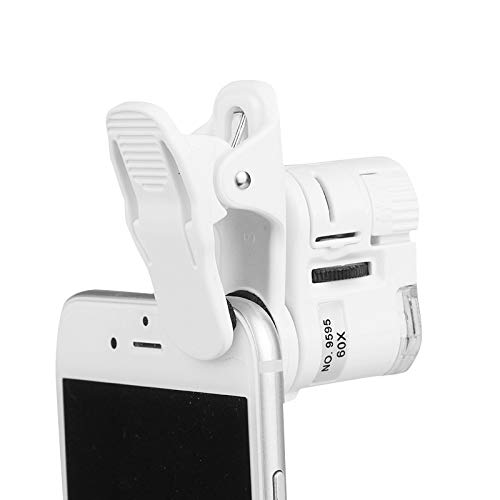60X Zoom LED Clip Phone Microscope Magnifier Portable Optical Micro Lens Loupe Universal Telescope Camera Magnifying Glass with 2 Illuminated LED and UV Light