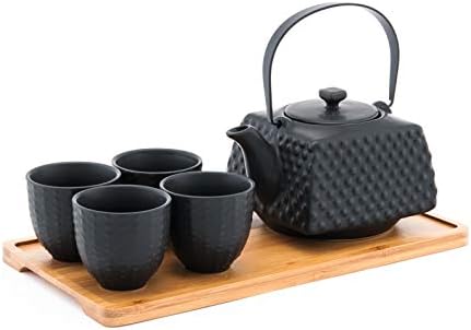 Fuji Merchandise Ceramic Teapot with Stainless Steel Infuser and Metal Handle 26 fl ounce and Four Tea Cups with Bamboo Serving Tray Tea Set (Black Sq Hobnail)