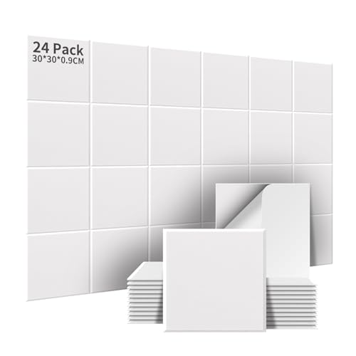AsmeSonic 24 Pieces Self-Adhesive Acoustic Panels, High-Density Absorbent Acoustic Panels, Acoustic Treatment and Wall Decoration for Recording Studio, 30 x 30 x 1 cm, White