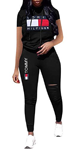 Womens Two Piece Outfits Letter Print Short Sleeve Loose Sweat Top and Long Pants Set Romper Black