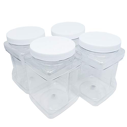 Kelkaa 64oz Clear PET Plastic Square Wide Mouth Jars with Grip Handle and White Ribbed Lined Caps, BPA Free, Multi-Use Empty Containers, Household Dried Food Canisters, Made in the USA (Pack of 4) - Thumbnail 3
