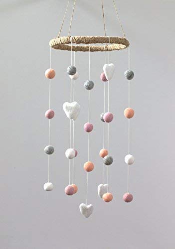 Felt Ball & Heart Nursery Ceiling Mobile- Peach, Pink, Gray & White- Neutral Children's Room Ceiling Decor- Nursery Boy Girl Baby Shower Gift- Handmade Eco Friendly- 100% Wool Felt Shapes