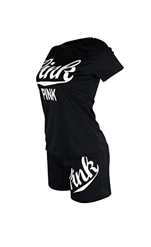 VLUNT Womens Letter Print Outfits Short Sleeves T Shirt and Short Pants 2 Piece Set Tracksuits,Black-L - Thumbnail 5