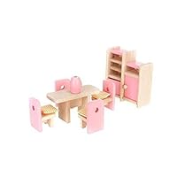 Kunhe Wooden Dollhouse Furniture Dining Room Set Pink Color