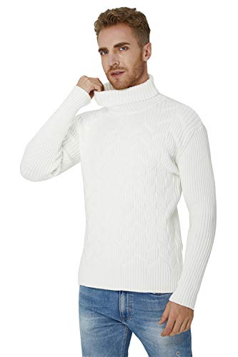 Mens Retro Turtleneck Jumper Sweater Casual Cable Knitted White High Roll Neck Basic Pullover L