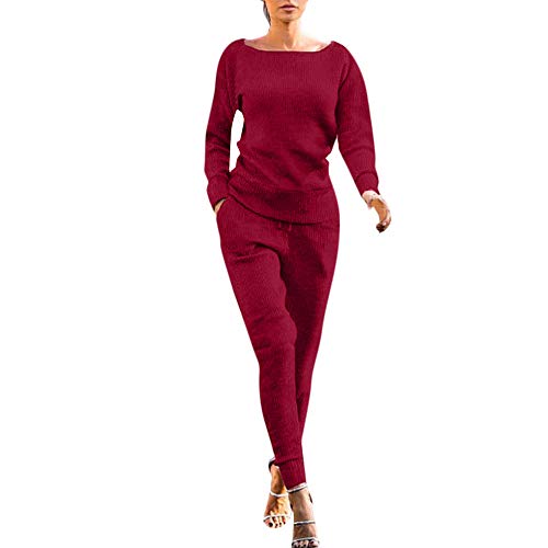 Dreamyth-Winter 2Pcs Women Solid Tracksuit Sweatshirt Regular Sleeve Long Pants Sport Lounge Wear Suit Sets (Wine Red, S:Bust:98cm/38.6'') - Thumbnail 4