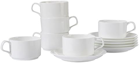 Porlien Coffee Cups and Saucers, White Porcelain Teacups and Saucer sets, 7-Ounce, Set of 6