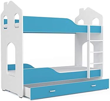 FurnitureByJDM Quality Bunk Bed for Kids - DOMINIC - With Mattresses and Storage Drawer. (White/SkyBlue, Dominic - House)