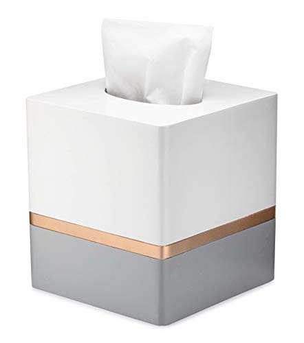 Essentra Home Day and Night Collection Square Tissue Box, White and Grey with Gold Stripe