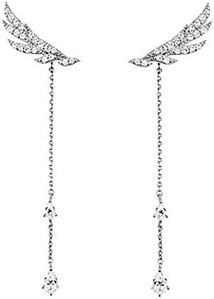 925 Sterling Silver Wings Zircon Ear Ring Jacket Fashion Stud Earrings Front Back Double Used