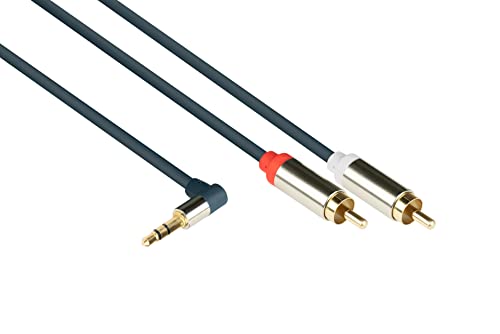 Good Connections GC-M0067 - Cable de conexión de audio de alta calidad, 3,5 mm, conector jack acodado a la derecha a 2 conectores RCA (CA), OFC, carcasa de metal, 5 m, color azul oscuro