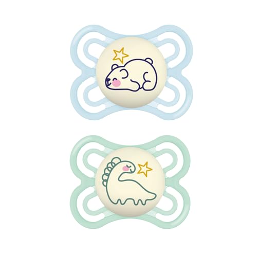 MAM Perfect Night Baby Pacifier, Patented Nipple, Glows in The Dark, 2 Pack, 0-6 Months, Boy