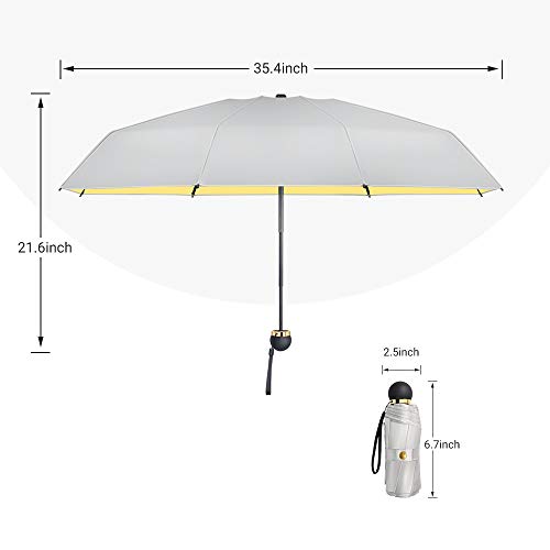 ATOFUL 8Ribs UPF50+ UV Blocker Parasol Manual Mini Umbrella Windproof UV Protection Wind Resistant Lightweight Folding Sun-Rain anti UV Umbrella 7.8" Titanium Compact Vent Sun Umbrella (Lemon Yellow)