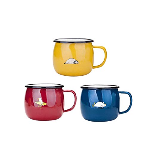 XYSQWZ Kessel Geschenk Emaille Tasse Set Von 3 Trinkbechern 430ml Für Kinder Und Erwachsene Rot/Gelb/Grün/Blau Tierdruck…