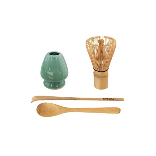 BambooMN Brand - Matcha Green Tea Whisk Set - Whisk + Scoop + Tea Spoon + Green Whisk Holder