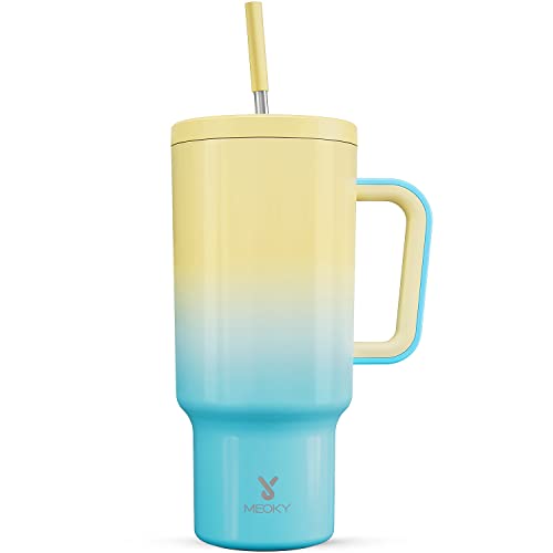 Meoky 40oz Tumbler with Handle, Leak-proof Lid and Straw, Insulated Coffee Mug Stainless Steel Travel Mug, Keeps Cold for 34 Hours or Hot for 10 Hours (Beach)