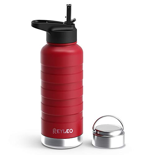 REYLEO Vacuum Insulated Water Bottle with Straw Lid- 18 Oz,Red,2 Lids BPA-Free, 18/8 Stainless Steel Thermal Sports Water Bottle, Keep Cold 24 Hours& Hot 8 Hours
