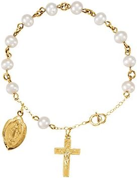 14K Yellow Gold Freshwater Cultured Pearl Miraculous Metal Rosary Bracelet
