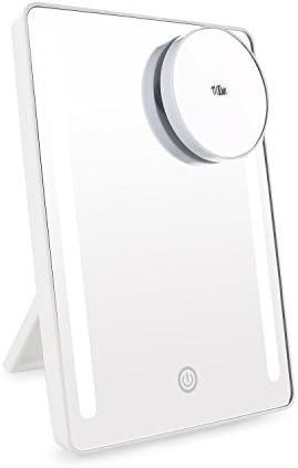Seakyland Led Lighted Makeup Mirror with Small Round 10X Magnifying Mirror - 180 Degree Rotation Standing on Desk or Hand held, Vanity Mirror with Light for Make Up (White)