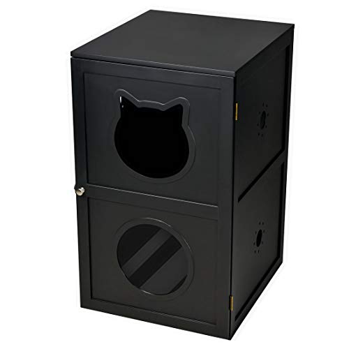 Good Life Double-Decker Indoor Pet Crate 2 Story Cat Litter Box Enclosure Furniture Cat House with Table Home Nightstand Large Box White Pink Color (Black)