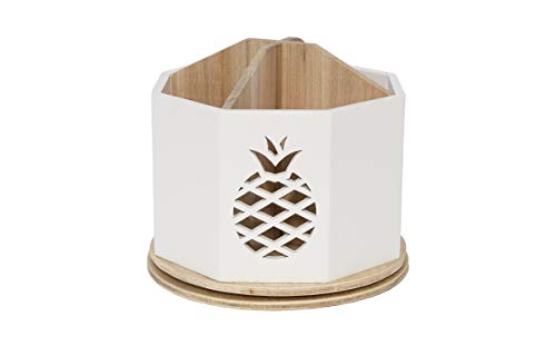 Spinning Desktop Stationary Organizer - Decorative Wooden Rotating Pen and Pencil Cup - 4 Compartment White Desk and Table Top Office Supplies Station with Pineapple Cutout - by Designstyles